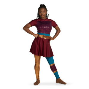 Custom short sleeve skirted legging color guard unitard in burgundy, copper, and teal with a white Ultra Spin rifle, front view.