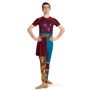 Custom short sleeve skirted straight leg color guard unitard in burgundy, copper, and teal, front view.