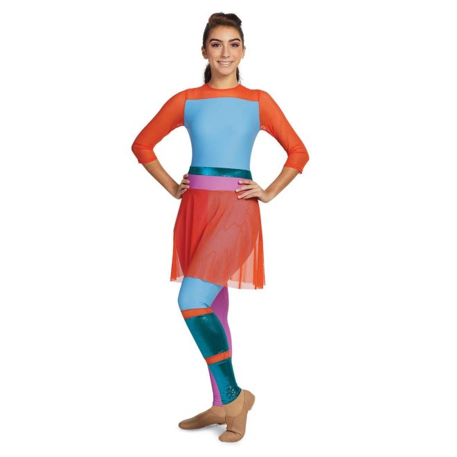 Custom 3/4 sleeve legging color guard unitard. Orange neck and sleeves, light blue chest, strip of metallic turquoise, strip of pink, right leg pink. Left leg blue down to knee, orange stripe, metallic turquoise, orange stripe, then metallic turquoise. Orange mesh skirt front view on model