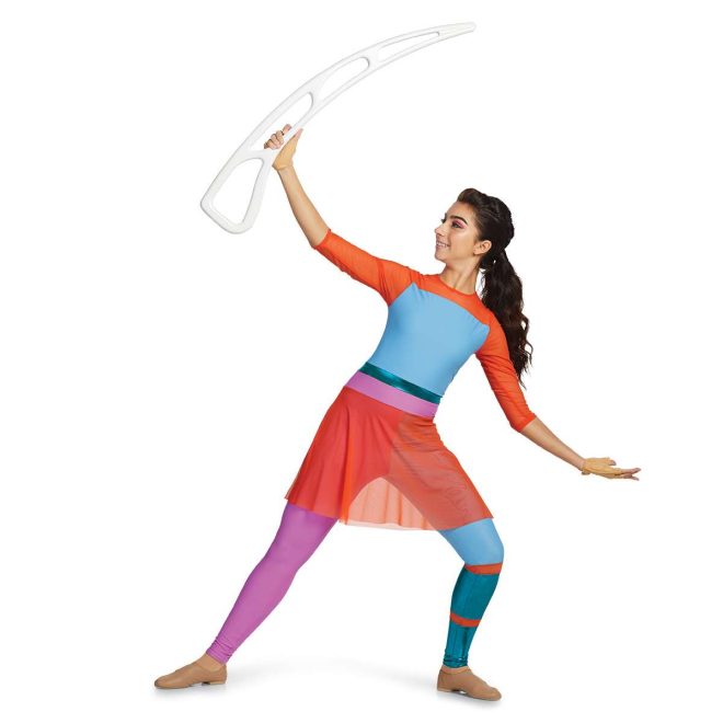 Custom 3/4 sleeve legging color guard unitard. Orange neck and sleeves, light blue chest, strip of metallic turquoise, strip of pink, right leg pink. Left leg blue down to knee, orange stripe, metallic turquoise, orange stripe, then metallic turquoise. Orange mesh skirt front view on model holding airblade