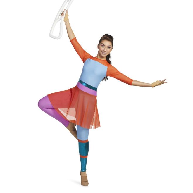 Custom 3/4 sleeve legging color guard unitard. Orange neck and sleeves, light blue chest, strip of metallic turquoise, strip of pink, right leg pink. Left leg blue down to knee, orange stripe, metallic turquoise, orange stripe, then metallic turquoise. Orange mesh skirt front view on model holding airblade