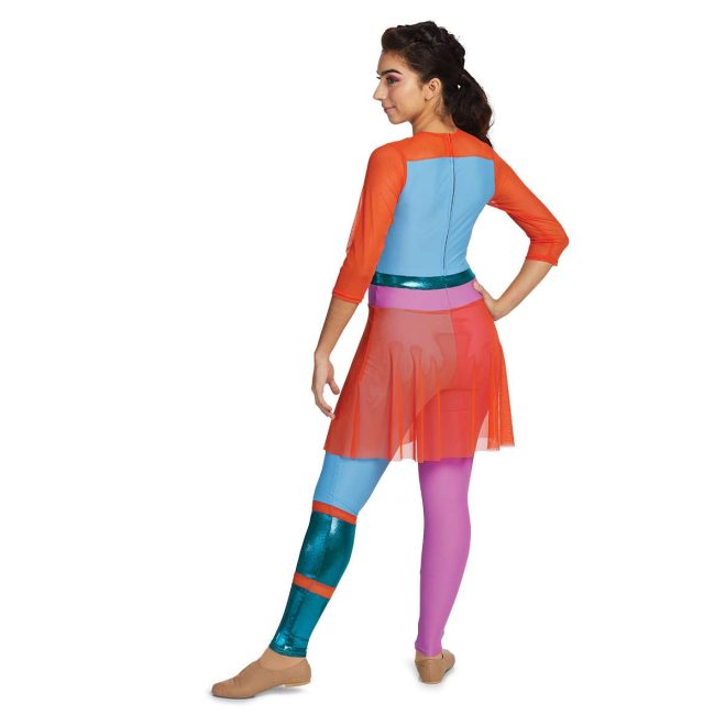 Custom 3/4 sleeve legging color guard unitard. Orange neck and sleeves, light blue back, strip of metallic turquoise, strip of pink, right leg pink. Left leg blue down to knee, orange stripe, metallic turquoise, orange stripe, then metallic turquoise. Orange mesh skirt back view on model