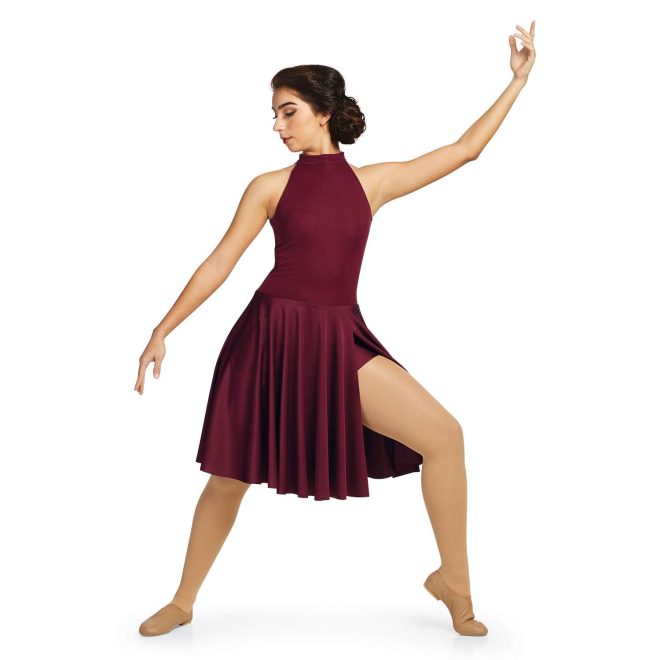 custom a-line halter neck maroon knee length with slit and unitard underneath color guard dress front view on model