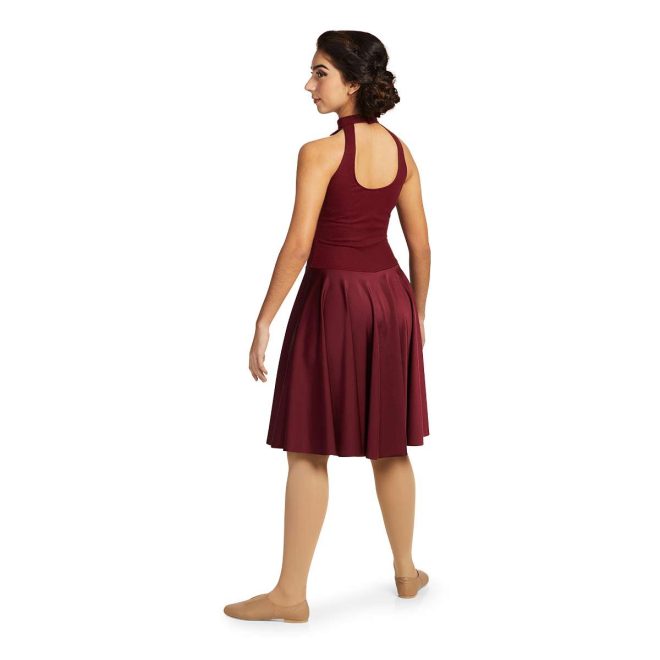 custom a-line halter neck keyhole back maroon knee length color guard dress back view on model