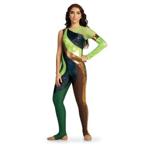 Custom legging color guard unitard. Sleeveless right arm, Left arm is neon green fishnet upper arm, gold band, then solid metallic neon green the rest. Front is diagonal sections of neon green, black and turquoise speckled, gold, and brown. Left leg is mostly brown with stripe of gold, right left is forest green. Front view on model