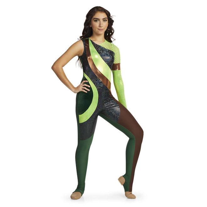 Custom legging color guard unitard. Sleeveless right arm, Left arm is neon green fishnet upper arm, gold band, then solid metallic neon green the rest. Front is diagonal sections of neon green, black and turquoise speckled, gold, and brown. Left leg is mostly brown with stripe of gold, right left is forest green. Front view on model