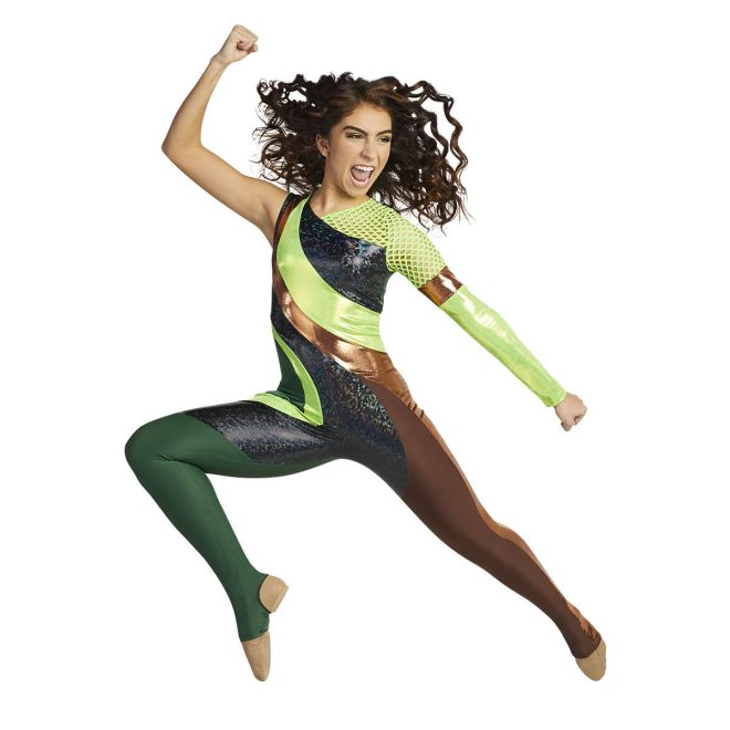 Custom legging color guard unitard. Sleeveless right arm, Left arm is neon green fishnet upper arm, gold band, then solid metallic neon green the rest. Front is diagonal sections of neon green, black and turquoise speckled, gold, and brown. Left leg is mostly brown with stripe of gold, right left is forest green. Front view on model