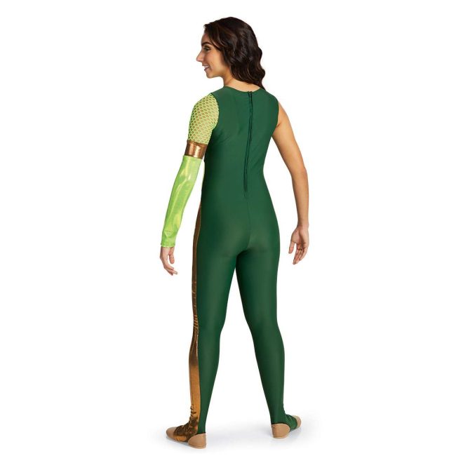 Custom legging color guard unitard. Sleeveless right arm, mostly forest green on back with gold showing on left leg from front design. Left arm is neon green fishnet upper arm, gold band, then solid metallic neon green the rest. Back view on model