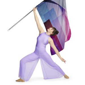 Custom sleeveless legging color guard unitard. Lilac with back cutout and mesh floor length pants over leggings. Front view on model holding maroon, purple and blue block flag