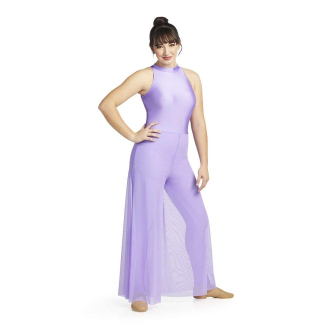 Custom sleeveless legging color guard unitard. Lilac with back cutout and mesh floor length pants over leggings. Front view on model