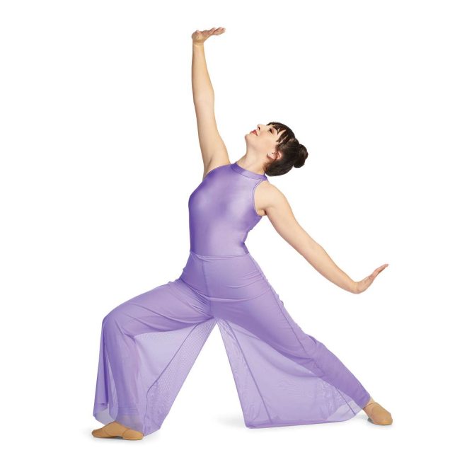 Custom sleeveless legging color guard unitard. Lilac with back cutout and mesh floor length pants over leggings. Front view on model