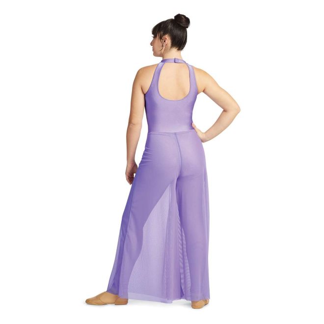 Custom sleeveless legging color guard unitard. Lilac with back cutout and mesh floor length pants over leggings. Back view on model