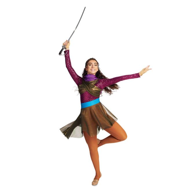 Custom long sleeve legging color guard unitard. Maroon sequin arms and upper body with blue stripe down arms. and gold mesh crisscross wrapping over chest. Blue belt with orange leggings with blue stripe down side of left leg. Gold mesh knee length skirt over. Front view on model wearing purple scarf and holding sabre