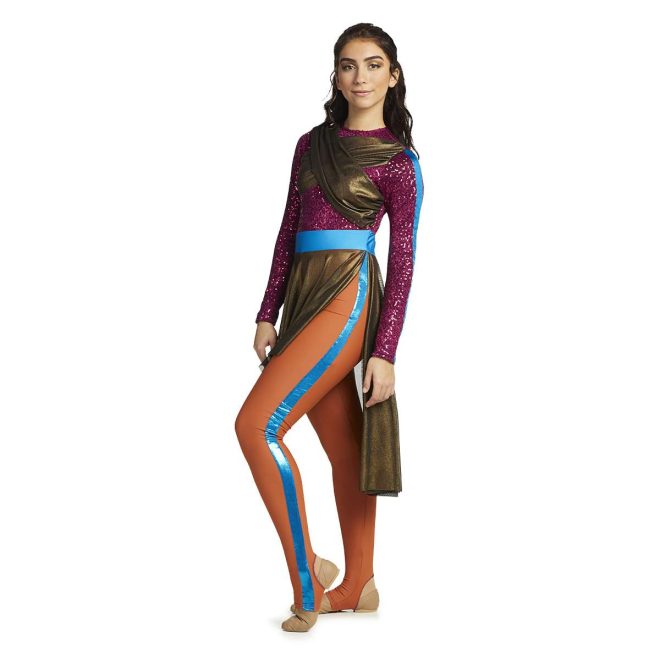 Custom long sleeve legging color guard unitard. Maroon sequin arms and upper body with blue stripe down arms. and gold mesh crisscross wrapping over chest. Blue belt with orange leggings with blue stripe down side of left leg. Gold mesh knee length skirt over. Front view on model