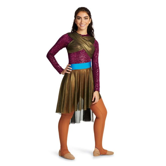 Custom long sleeve legging color guard unitard. Maroon sequin arms and upper body with blue stripe down arms. and gold mesh crisscross wrapping over chest. Blue belt with orange leggings with blue stripe down side of left leg. Gold mesh knee length skirt over. Front view on model