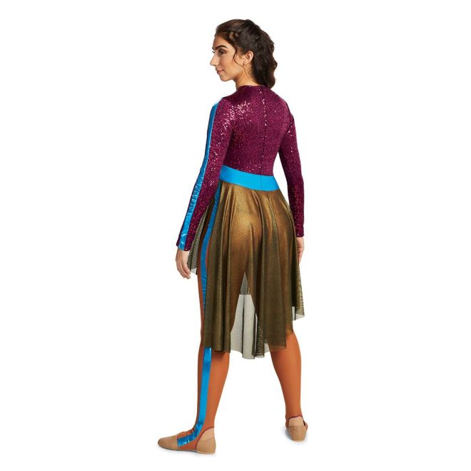 Custom long sleeve legging color guard unitard. Maroon sequin arms and upper body with blue stripe down arms. Blue belt with orange leggings with blue stripe down side of left leg. Gold mesh knee length skirt over. Back view on model