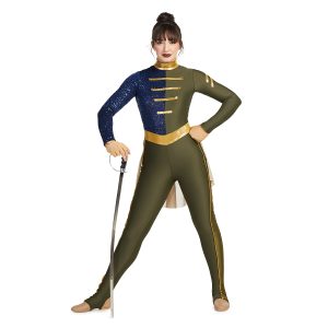 Custom color guard unitard 422143 with model in greens, gold, and blue, front view