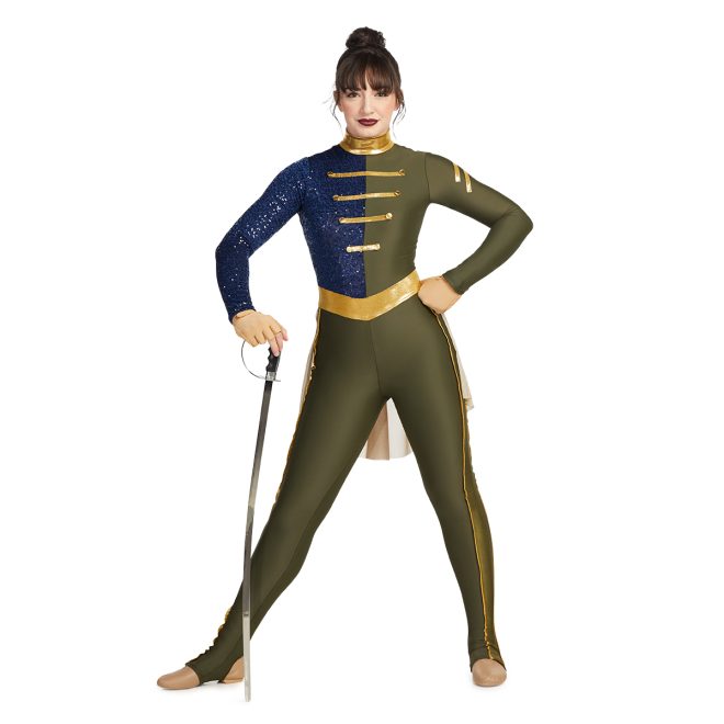 Custom color guard unitard 422143 with model in greens, gold, and blue, front view