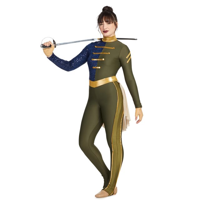 Custom color guard unitard 422143 with model in greens, gold, and blue, left side view