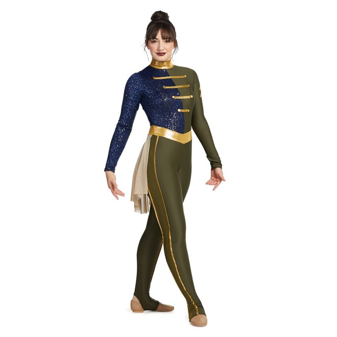 Custom color guard unitard 422143 with model in greens, gold, and blue, three-quarters view