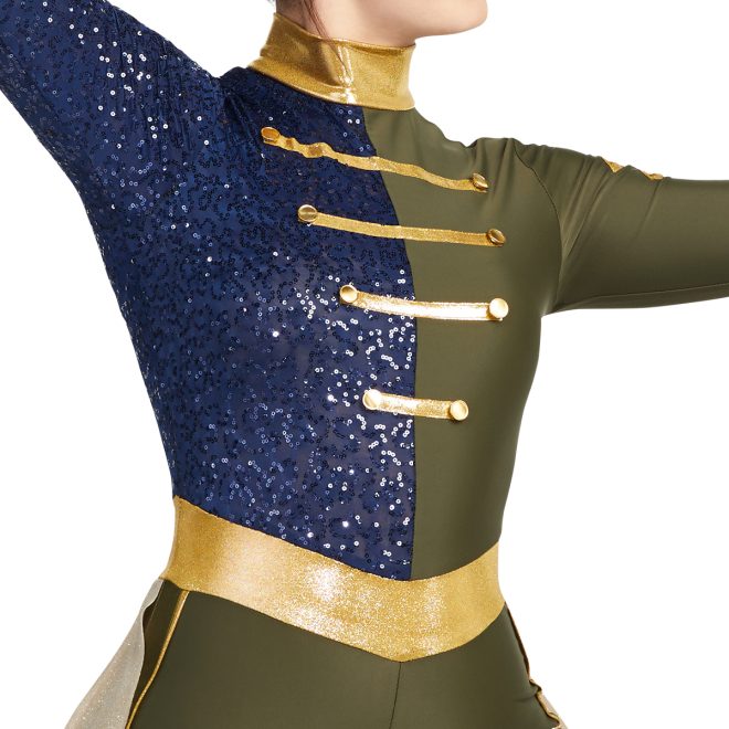 Custom color guard unitard 422143 with model in greens, gold, and blue, three-quarter view detail