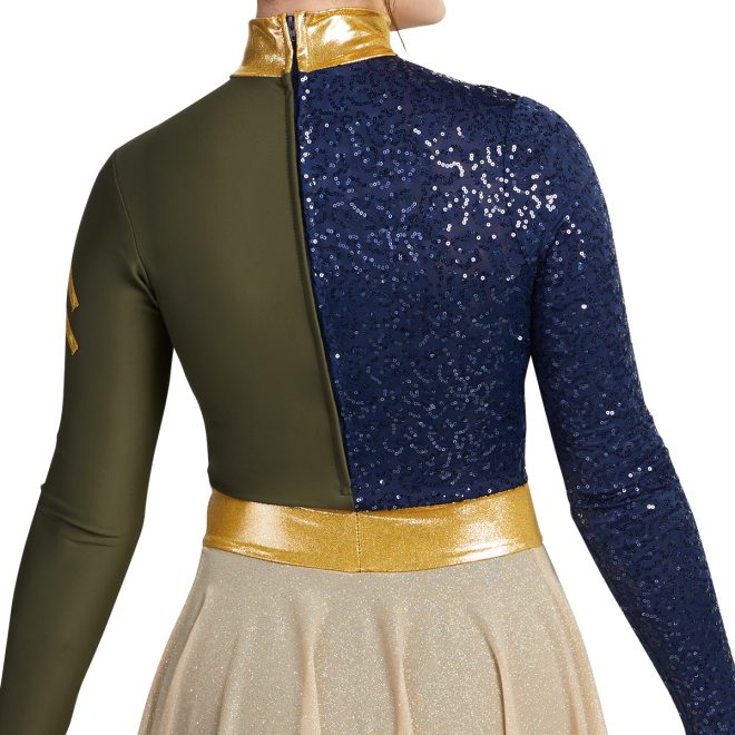 Custom color guard unitard 422143 with model in greens, gold, and blue, back view detail