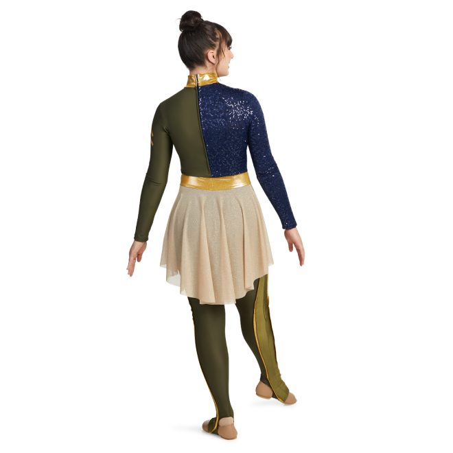 Custom color guard unitard 422143 with model in greens, gold, and blue, back view