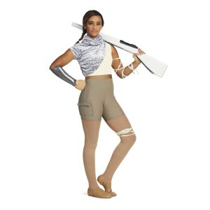 Custom sleeveless short color guard unitard. Cream top with brown belt and khaki shorts. Grey and white heather shirt over that only covers right side from left shoulder to right hip has short sleeve on right arm with cowl neck . Cream fabric wrapped around left arm and thigh, silver gauntlet on right arm. Front view on model holding rifle wearing tan fingerless gloves