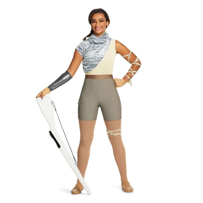 Custom sleeveless short color guard unitard. Cream top with brown belt and khaki shorts. Grey and white heather shirt over that only covers right side from left shoulder to right hip has short sleeve on right arm with cowl neck . Cream fabric wrapped around left arm and thigh, silver gauntlet on right arm. Front view on model holding rifle wearing tan fingerless gloves