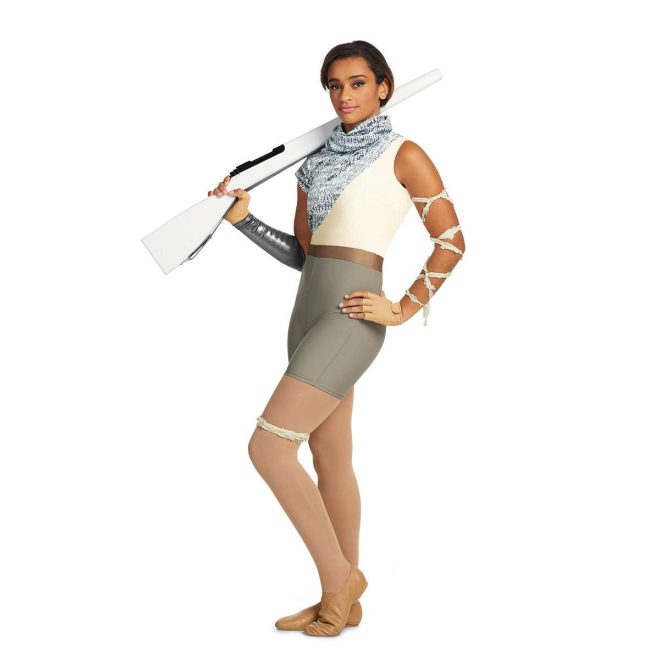 Custom sleeveless short color guard unitard. Cream top with brown belt and khaki shorts. Grey and white heather shirt over that only covers right side from left shoulder to right hip has short sleeve on right arm with cowl neck . Cream fabric wrapped around left arm and thigh, silver gauntlet on right arm. Front view on model holding rifle wearing tan fingerless gloves