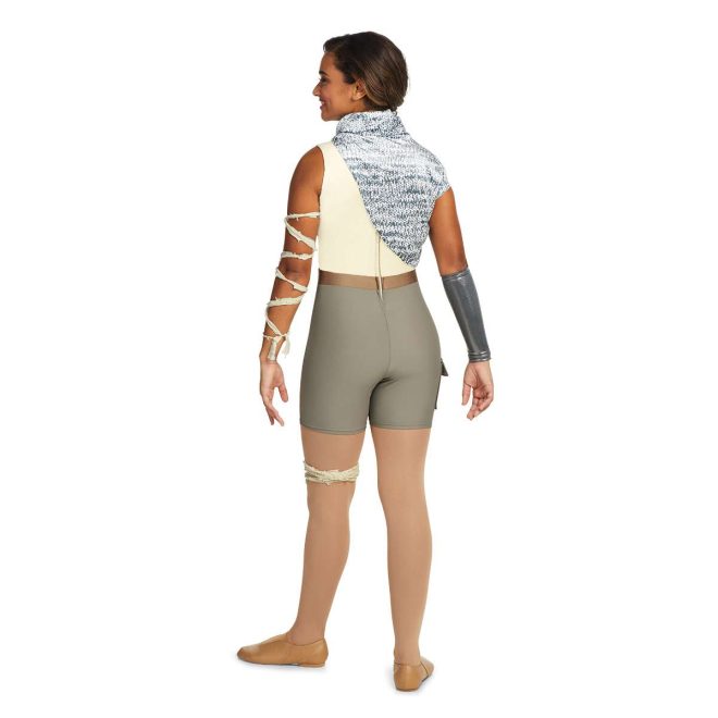 Custom sleeveless short color guard unitard. Cream top with brown belt and khaki shorts. Grey and white heather shirt over that only covers right side from left shoulder to right hip has short sleeve on right arm with cowl neck. Cream fabric wrapped around left arm and thigh, silver gauntlet on right arm. Back view on model