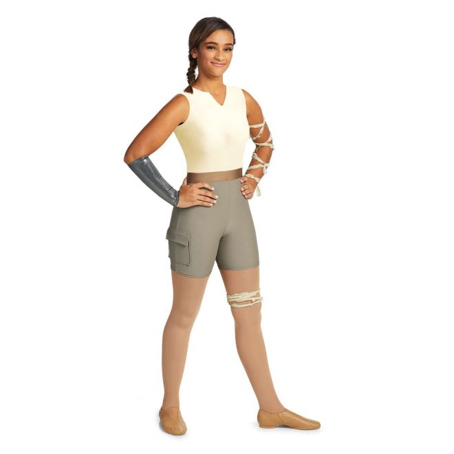 Custom sleeveless short color guard unitard. Cream top with brown belt and khaki shorts with cargo pockets. Cream fabric wrapped around left arm and thigh, silver gauntlet on right arm Front view on model