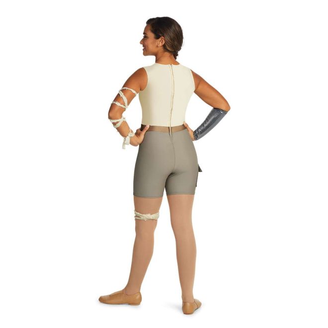 Custom sleeveless short color guard unitard. Cream top with brown belt and khaki shorts. Cream fabric wrapped around left arm and thigh, silver gauntlet on right arm. Back view on model