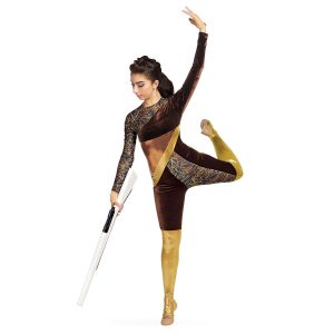 Custom long sleeve legging color guard unitard. Black with gold roses neck and right arm. Dark brown left arm at angle to under left arm. Copper and gold angled pieces on lower back. Right left dark brown to knee. Left leg dark brown from lower back to knee on inside of leg and side of leg. Black with gold roses side of leg down to knee and front of leg to knee. Below knee gold rest of the way. Front view on model wearing tan fingerless gloves and holding rifle