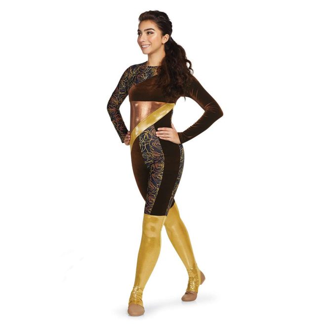 Custom long sleeve legging color guard unitard. Black with gold roses neck and right arm. Dark brown left arm at angle to under left arm. Copper and gold angled pieces on lower back. Right left dark brown to knee. Left leg dark brown from lower back to knee on inside of leg and side of leg. Black with gold roses side of leg down to knee and front of leg to knee. Below knee gold rest of the way. 3/4 view on model