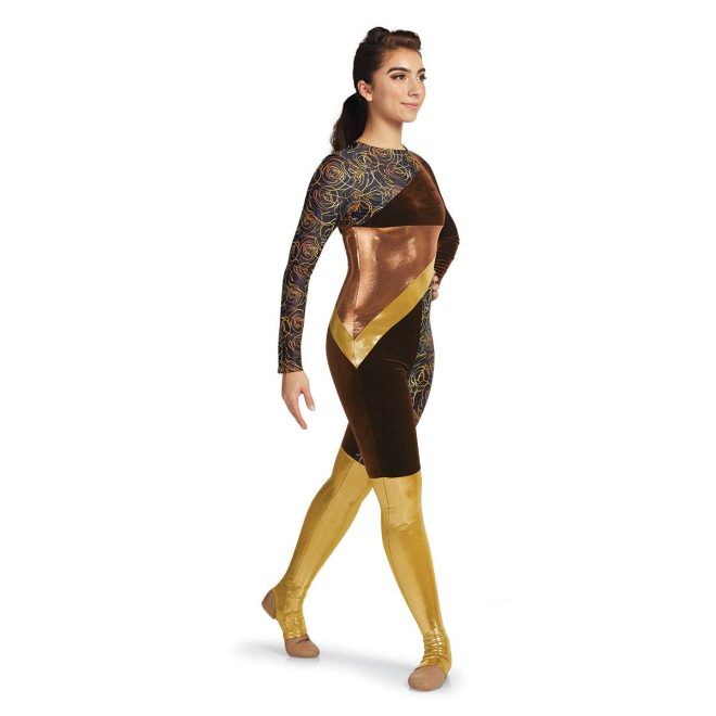 Custom long sleeve legging color guard unitard. Black with gold roses neck and right arm. Dark brown left arm at angle to under left arm. Copper and gold angled pieces on lower back. Right left dark brown to knee. Left leg dark brown from lower back to knee on inside of leg. Black with gold roses side of leg down to knee. Below knee gold rest of the way. 3/4 view on model