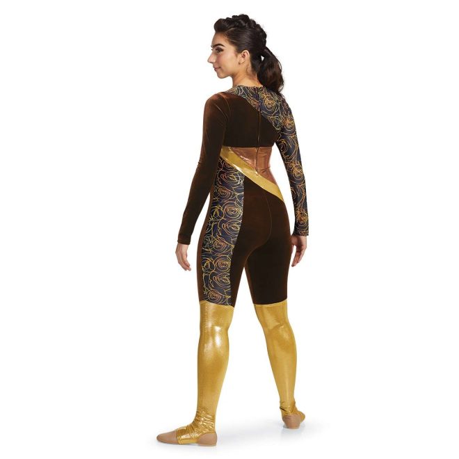 Custom long sleeve legging color guard unitard. Black with gold roses neck and right arm. Dark brown left arm at angle to under left arm. Copper and gold angled pieces on lower back. Right left dark brown to knee. Left leg dark brown from lower back to knee on inside of leg. Black with gold roses side of leg down to knee. Below knee gold rest of the way. Back view on model