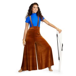 Custom short sleeve wide leg color guard unitard. Bright blue shirt with brown velvet pants with silver buttons and suspender straps. Front view on model holding rifle