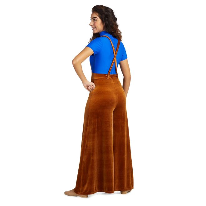 Custom short sleeve wide leg color guard unitard. Bright blue shirt with brown velvet pants with crisscross suspender straps. Back view on model