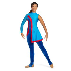 Custom legging color guard unitard. Left arm sleeveless, right arm turquoise. Body is turquoise with 2 strips of red with royal in middle at angle down center of chest with skirt with red trim. Leggings are royal. Front view on model