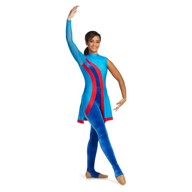 Custom legging color guard unitard. Left arm sleeveless, right arm turquoise. Body is turquoise with 2 strips of red with royal in middle at angle down center of chest with skirt with red trim. Leggings are royal. Front view on model