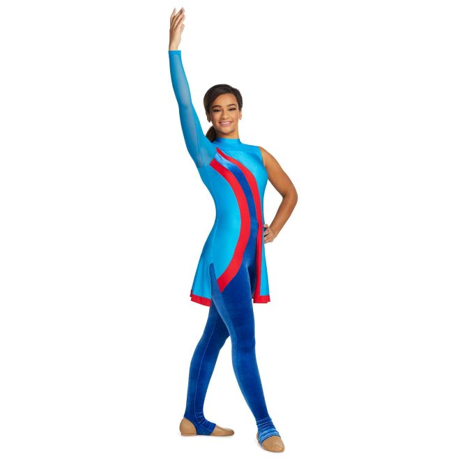 Custom legging color guard unitard. Left arm sleeveless, right arm turquoise. Body is turquoise with 2 strips of red with royal in middle at angle down center of chest with skirt with red trim. Leggings are royal. Front view on model