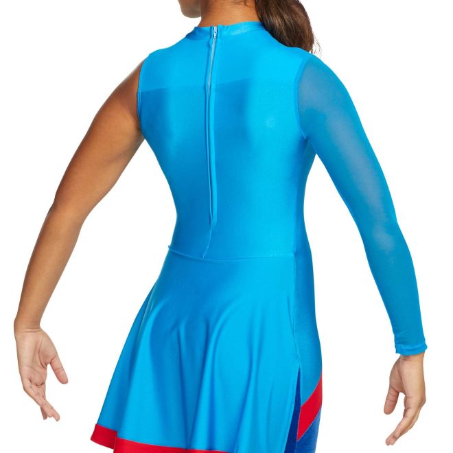 Custom legging color guard unitard. Left arm sleeveless, right arm turquoise. Body is turquoise with skirt with red trim. Leggings are royal. Back view on model