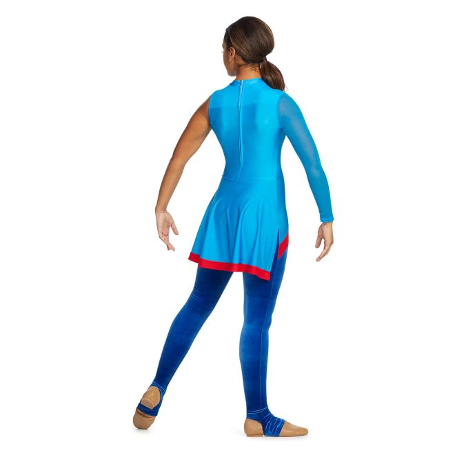 Custom legging color guard unitard. Left arm sleeveless, right arm turquoise. Body is turquoise with skirt with red trim. Leggings are royal. Back view on model