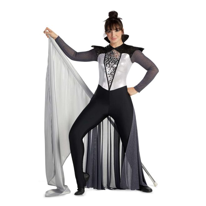 Custom long sleeve legging color guard unitard. Black sequin wing shoulders and high neck. Titanium mesh sleeves and floor length back half skirt. Silver chest with silver sequin V down center of chest and black leggings. side view on model