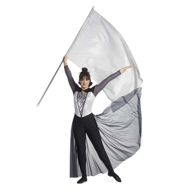 Custom long sleeve legging color guard unitard. Black sequin wing shoulders and high neck. Titanium mesh sleeves and floor length back half skirt. Silver chest with silver sequin V down center of chest and black leggings. side view on model holding silver flag