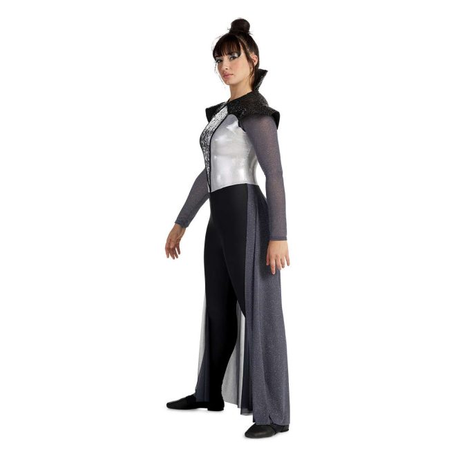 Custom long sleeve legging color guard unitard. Black sequin wing shoulders and high neck. Titanium mesh sleeves and floor length back half skirt. Silver chest with silver sequin V down center of chest and black leggings. side view on model