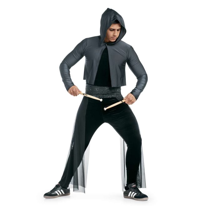 custom black percussion uniform with grey long sleeve hooded jacket over on performer front view holding drumsticks