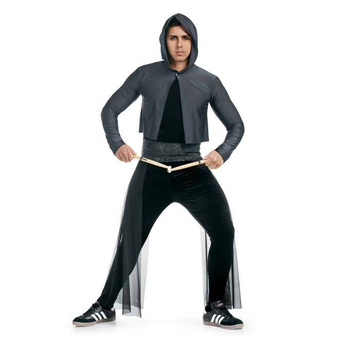 custom black percussion uniform with grey long sleeve hooded jacket over on performer front view holding drumsticks