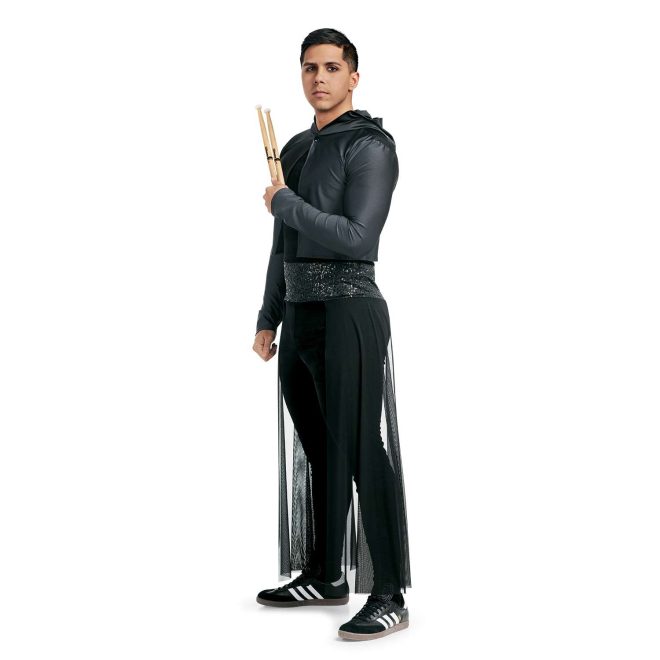 custom black percussion uniform with grey long sleeve hooded jacket over on performer front view holding drumsticks